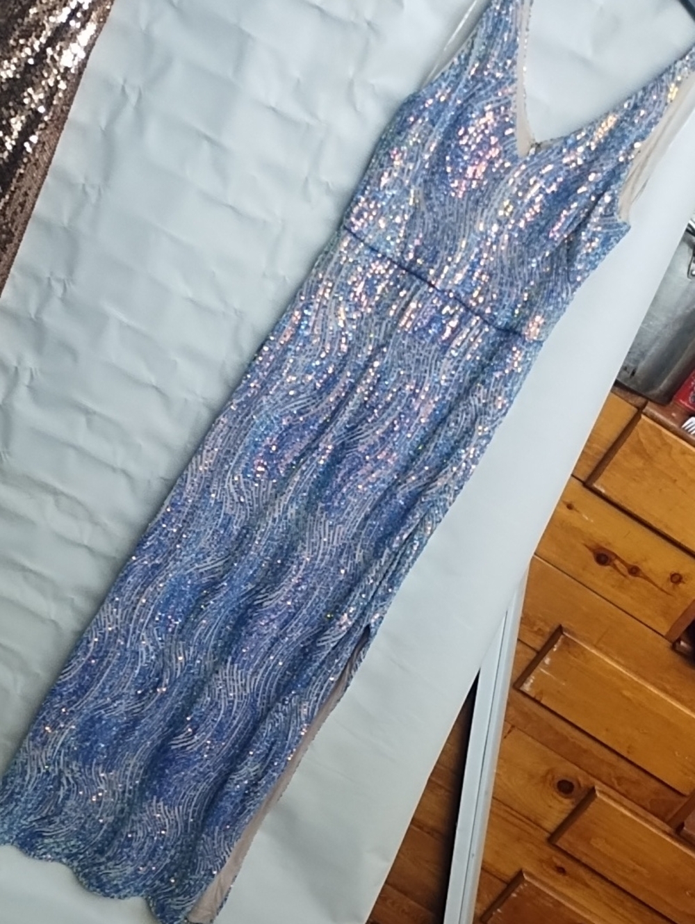 Sequin Wave-Pattern Light Blue Maxi Dress